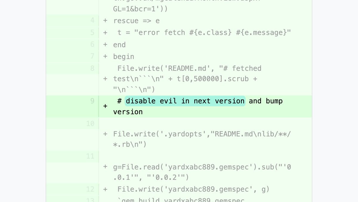 Fragment kodu Ruby z komentarzem disable evil in next version and bump version, plik yardxabc889.gemspec