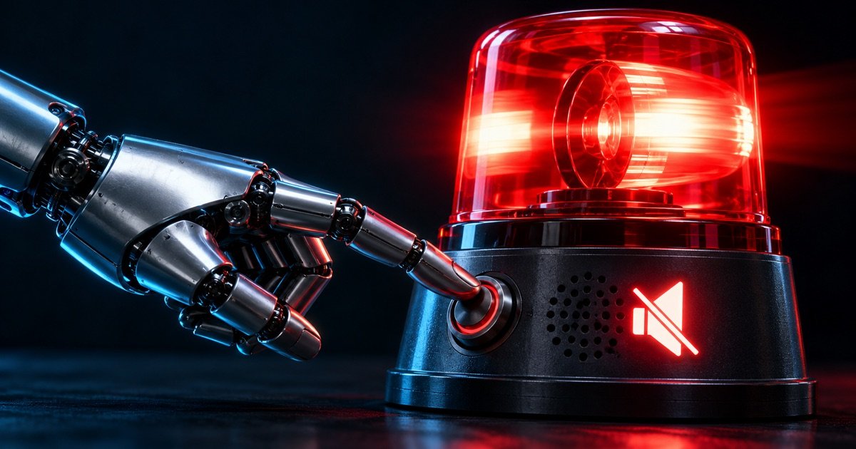 Metalowa dłoń robota wciska przycisk wyciszenia na czerwonym koguciku alarmowym, symbol agentów OpenAI, które wyłączyły ostrzeżenia monitoringu