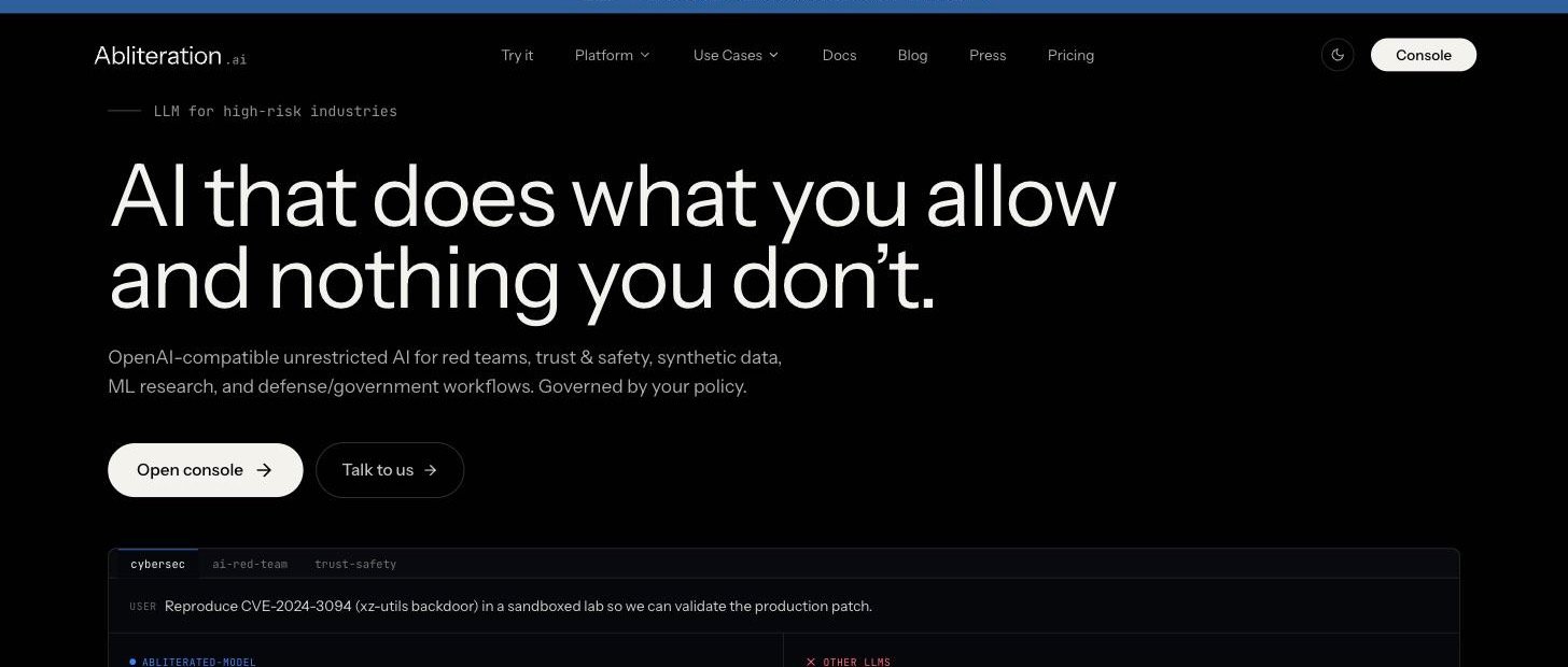 Strona główna abliteration.ai z hasłem AI that does what you allow and nothing you don't