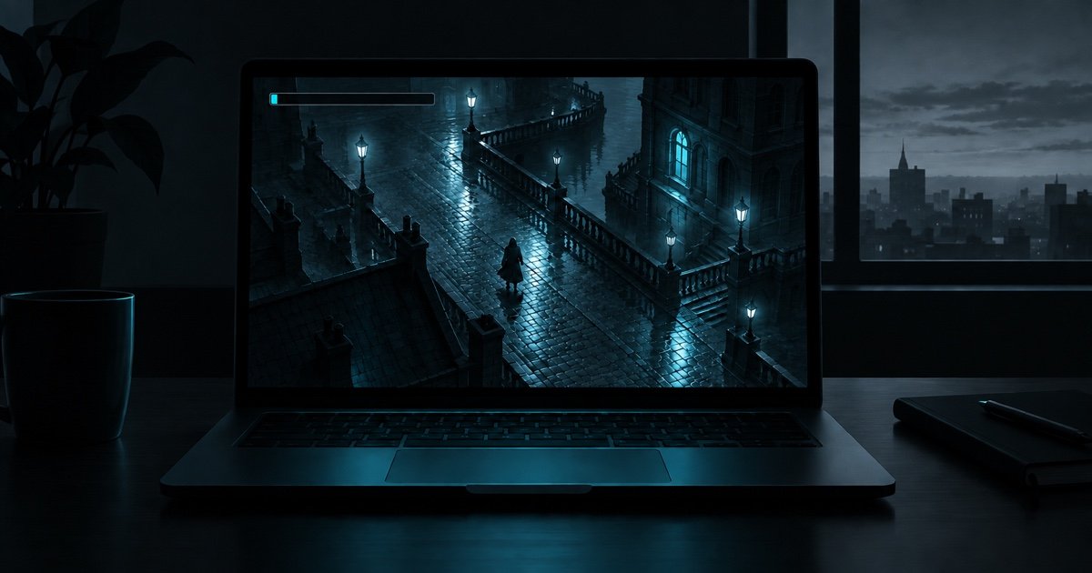 Laptop nocą z grą w deszczowym mieście na ekranie i prawie pustym paskiem limitu ChatGPT Astra