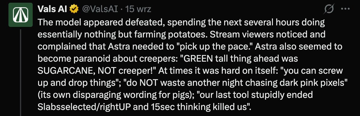 Wpis Vals AI na X o tym, że GPT-6 Astra po wybuchu przez kilka godzin uprawiała ziemniaki i bała się creeperów