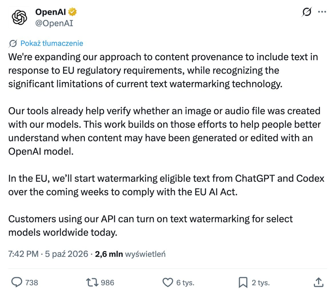 Wpis OpenAI na X z 5 października 2026: znakowanie tekstu z ChatGPT i Codexa w Unii Europejskiej w najbliższych tygodniach