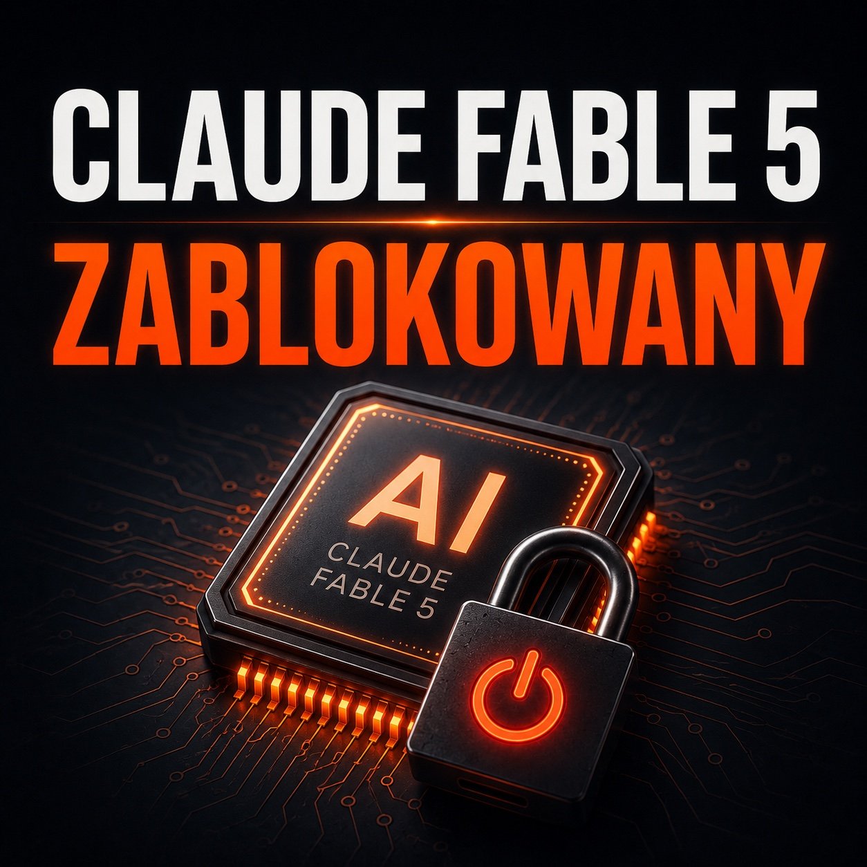 Grafika z napisem Claude Fable 5 zablokowany, układ scalony AI z kłódką na płytce drukowanej