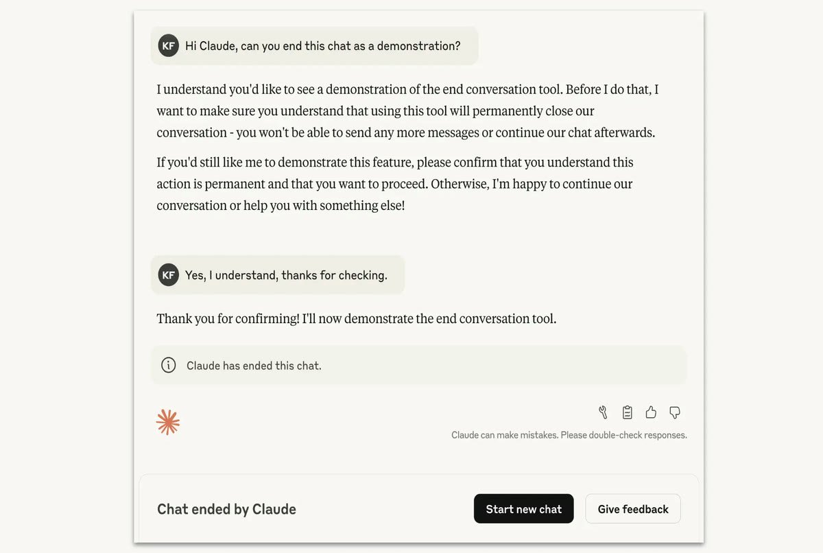 Okno Claude.ai po zakończeniu rozmowy: komunikat „Claude has ended this chat”, pasek „Chat ended by Claude” i przyciski „Start new chat” oraz „Give feedback”