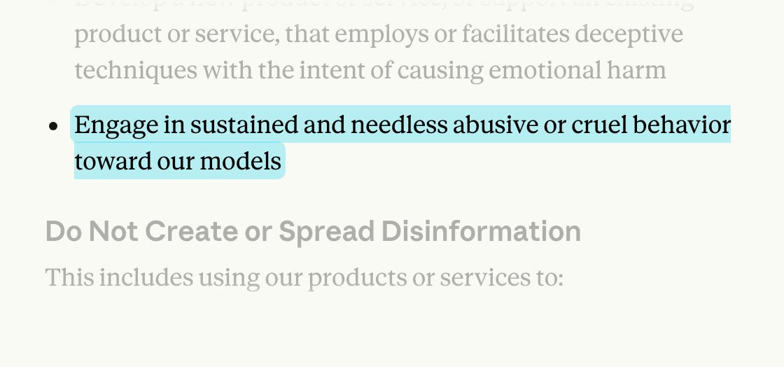 Fragment zasad korzystania z usług Anthropica z wyróżnionym punktem: „Engage in sustained and needless abusive or cruel behavior toward our models”