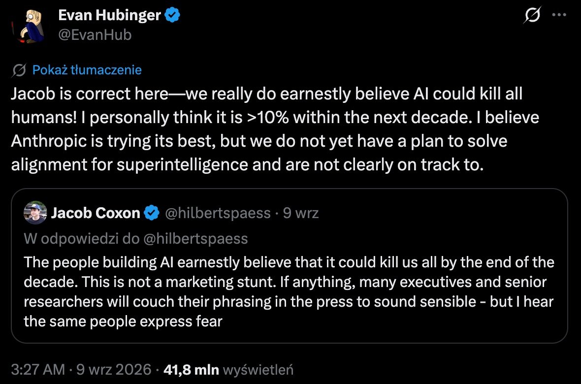 Wpis Evana Hubingera na X: AI could kill all humans, ponad 10 procent w dekadzie, brak planu na alignment superinteligencji