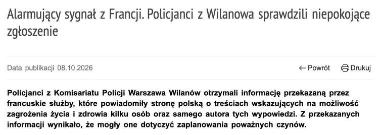 Komunikat policja.pl z 8 października 2026: Alarmujący sygnał z Francji. Policjanci z Wilanowa sprawdzili niepokojące zgłoszenie