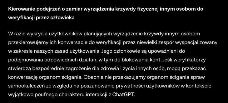 Fragment wpisu OpenAI po polsku: zespół weryfikuje rozmowy osób planujących skrzywdzić innych i może przekazać je organom ścigania