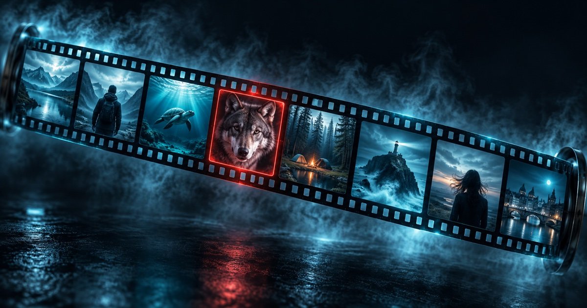 Taśma filmowa z ośmiu klatek, jedna obwiedziona czerwoną ramką