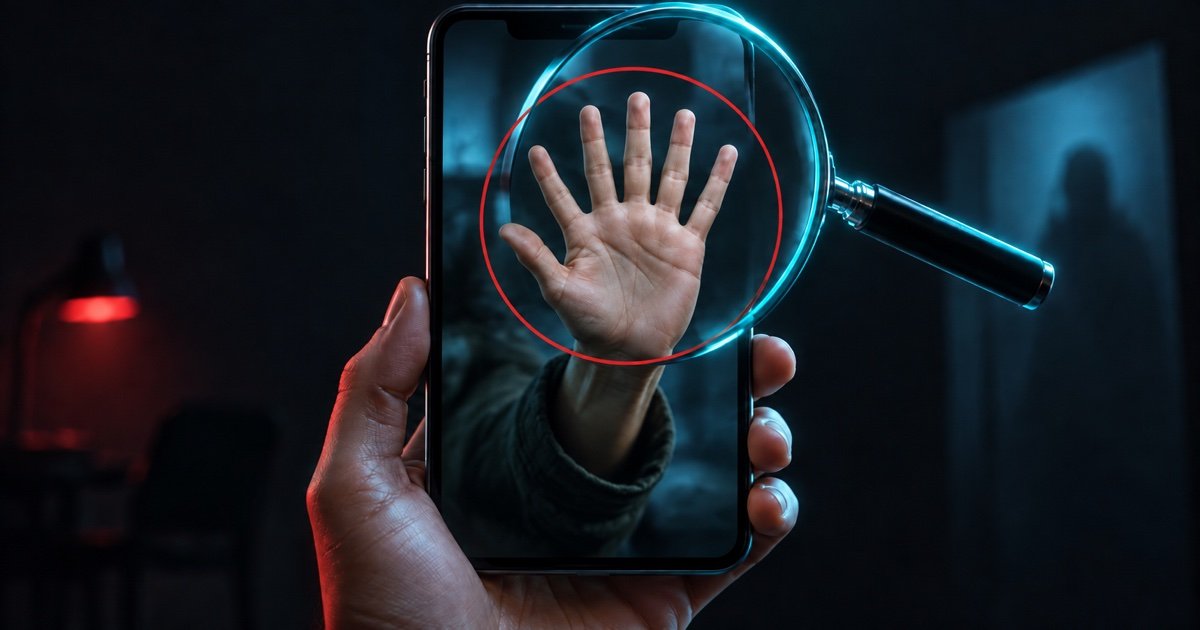 Smartfon z zatrzymaną klatką filmu, na której dłoń ma sześć palców, nad ekranem lupa z czerwonym zaznaczeniem