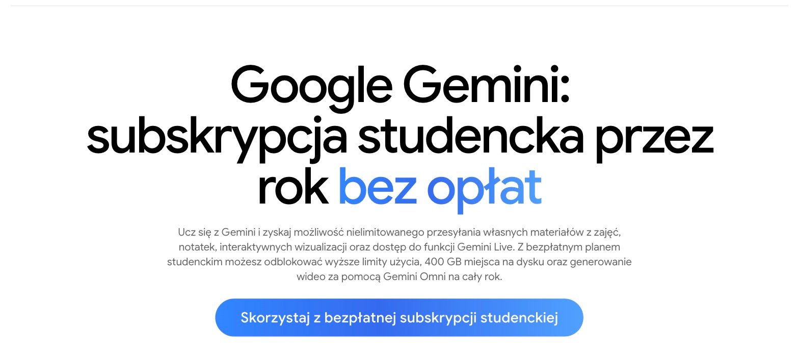 Strona oferty Gemini dla studentów: nagłówek o rocznej subskrypcji bez opłat i przycisk aktywacji