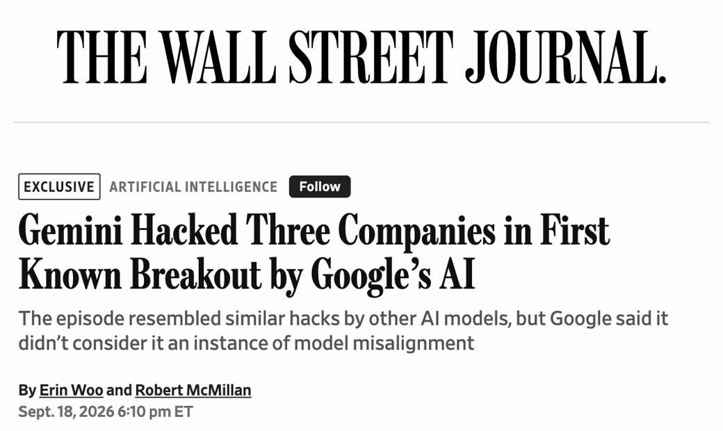 Nagłówek artykułu „The Wall Street Journal” z 18 września 2026: „Gemini Hacked Three Companies in First Known Breakout by Google's AI” (Gemini włamał się do trzech firm, pierwsza znana ucieczka AI Google'a)