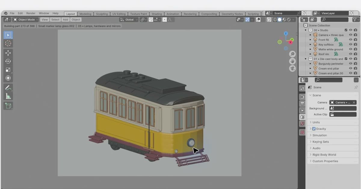 GPT-6.1 Terra buduje w Blenderze model 3D żółtego tramwaju z Lizbony, w kadrze okno programu z bryłą tramwaju