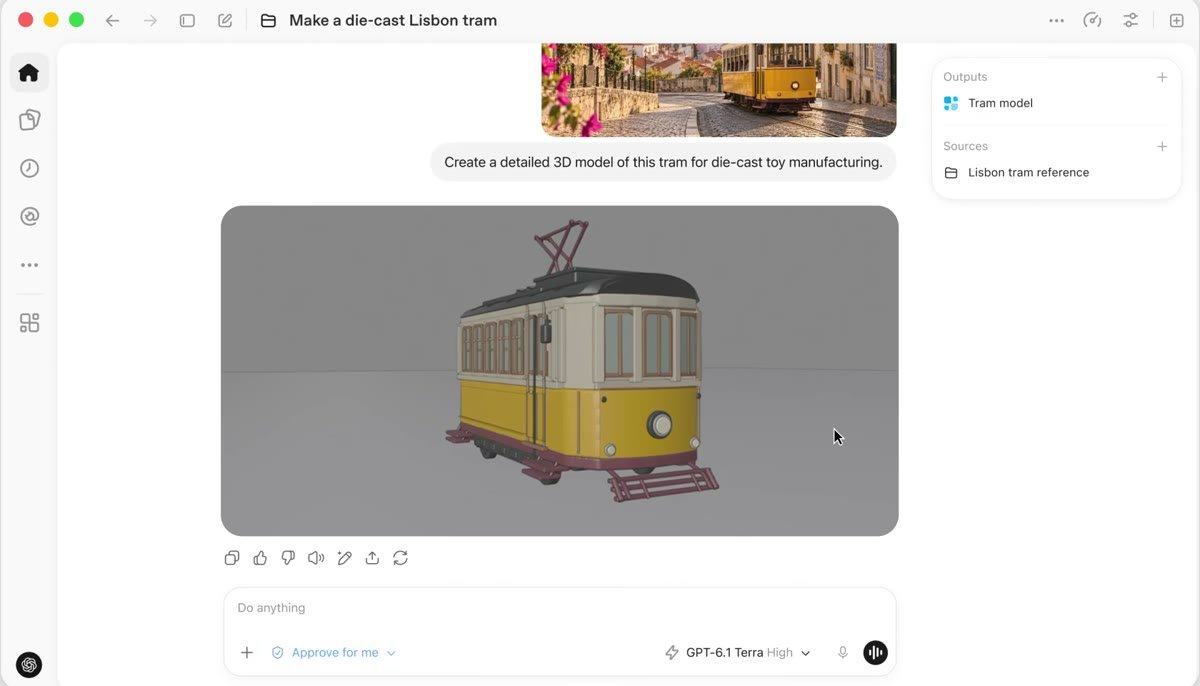 Okno ChatGPT Work z gotowym modelem 3D tramwaju, u dołu wybrana GPT-6.1 Terra i przełącznik „Approve for me”