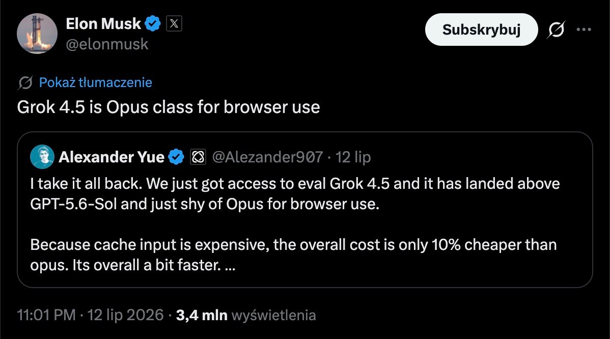 Elon Musk cytuje na X ocenę badacza Browser Use: Grok 4.5 powyżej GPT-5.6 i tuż za Opusem w sterowaniu przeglądarką