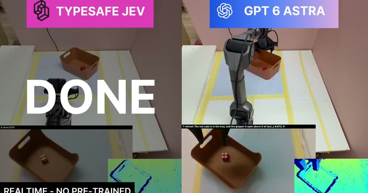 Dwa nagrania obok siebie: ramię robota sterowane przez Jev z napisem DONE i to samo ramię sterowane przez GPT-6 Astra, które dalej pracuje