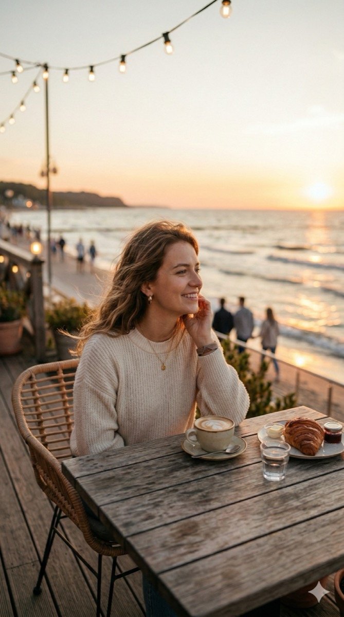 Fotorealistyczne zdjęcie kobiety nad morzem wygenerowane przez Nano Banana 2 - złota godzina, kawa, croissant