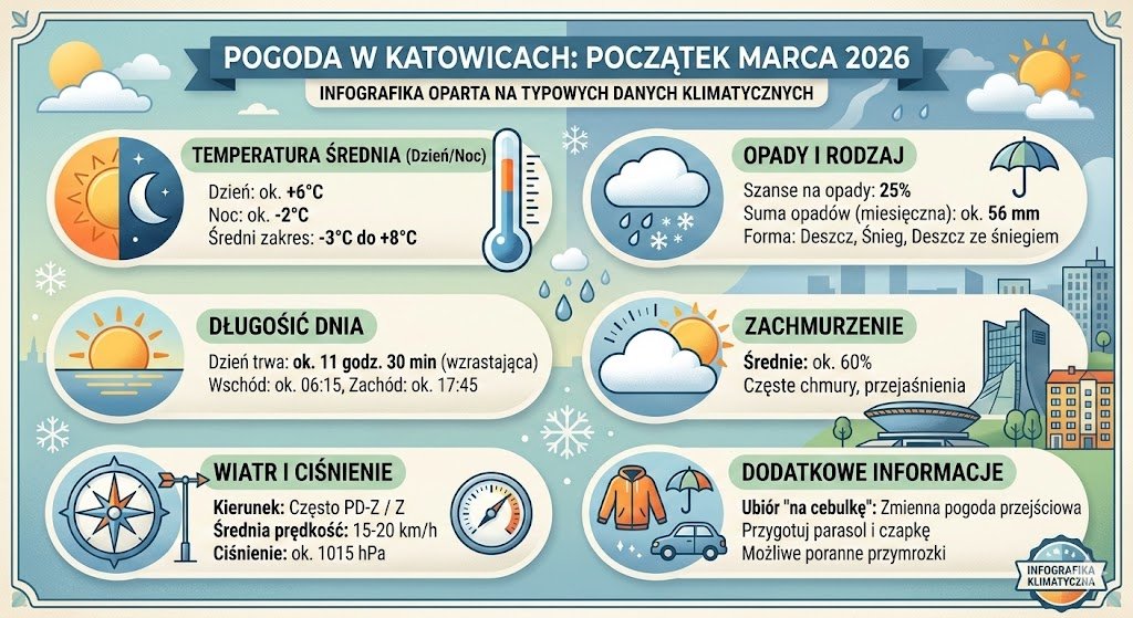 Infografika pogodowa dla Katowic wygenerowana przez Nano Banana 2 - dane klimatyczne zamiast aktualnych