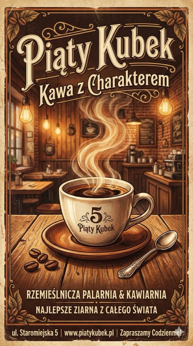 Plakat kawiarni Piąty Kubek wygenerowany przez Nano Banana 2 - styl vintage z poprawnym polskim tekstem