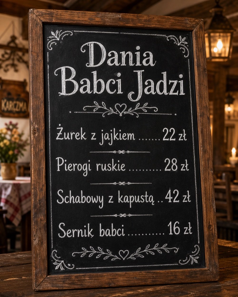 Tablica menu restauracji wygenerowana przez ChatGPT, przykład zdjęcia AI