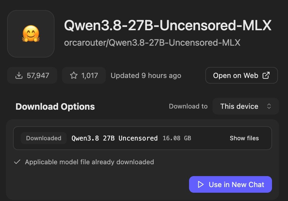 Karta modelu Qwen3.8-27B-Uncensored-MLX z licznikiem 57 947 pobrań i plikiem 16,08 GB