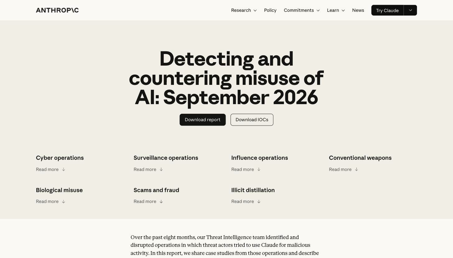 Strona raportu Anthropic Detecting and countering misuse of AI z podziałem na siedem obszarów zagrożeń