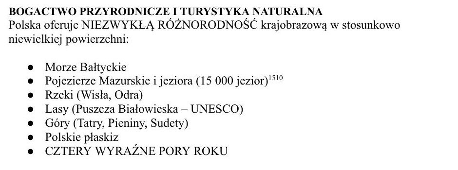 Fragment raportu z listą walorów przyrody, na której figurują polskie płaskiz i 15 000 jezior