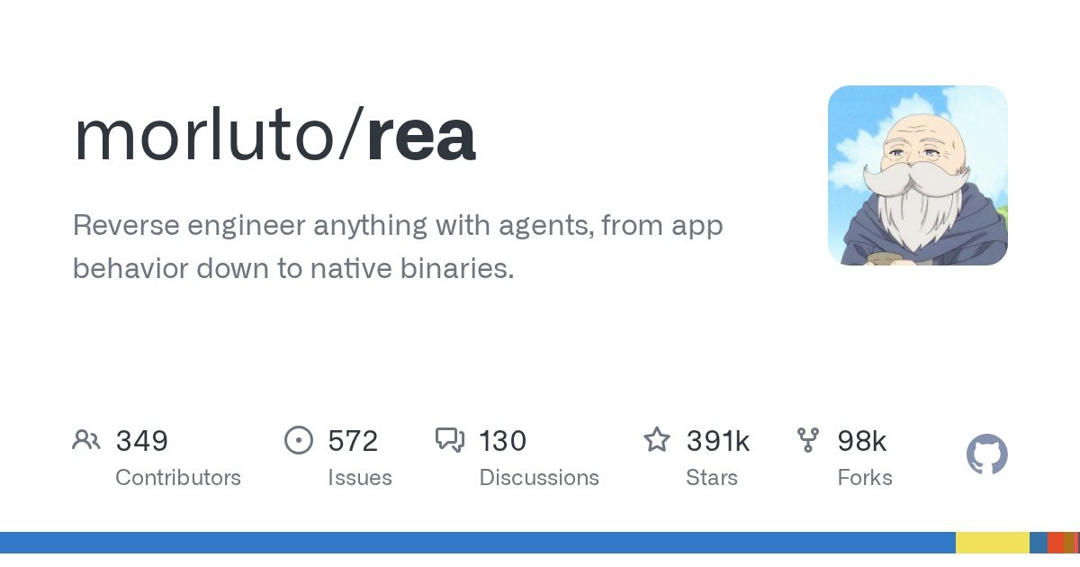 Karta repozytorium morluto/rea na GitHubie: opis Reverse engineer anything with agents, 349 współtwórców, 391 tysięcy gwiazdek, 98 tysięcy forków