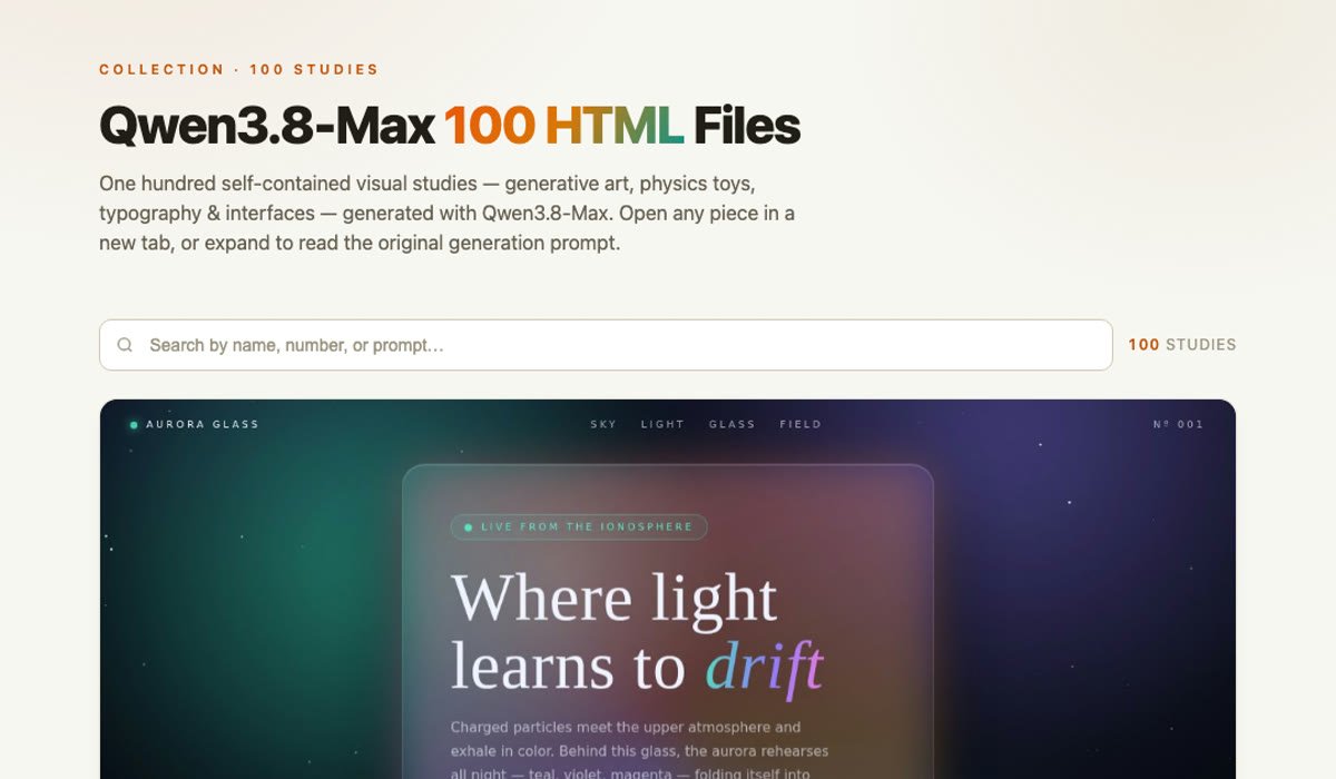 Galeria Qwen3.8-Max 100 HTML Files: nagłówek, wyszukiwarka i pierwsza karta Aurora Glass z przyciskami Open i Prompt