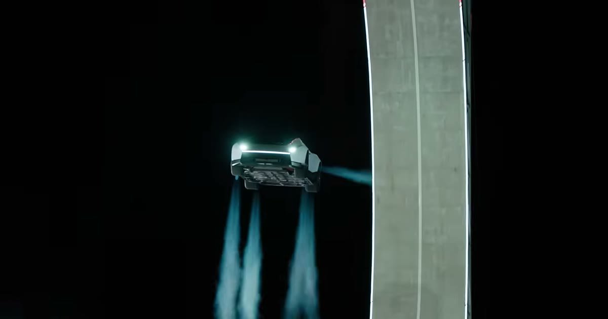 Tesla Roadster jedzie do góry kołami i skacze nad ciężarówką. Nagrania „latającego samochodu” Muska to nie AI