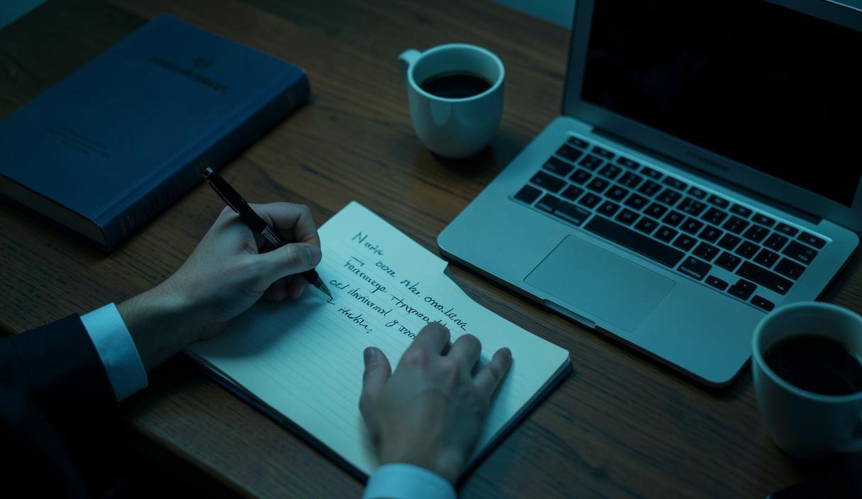 Dłoń pisząca notatki w notatniku obok laptopa nocą, symbol pisania pracy własnym głosem z AI jako narzędziem pomocniczym