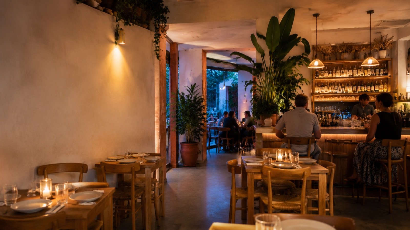 Wnętrze bistro o zmierzchu