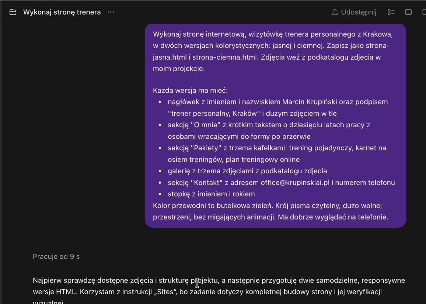 Prompt na stronę trenera w oknie Codeksa